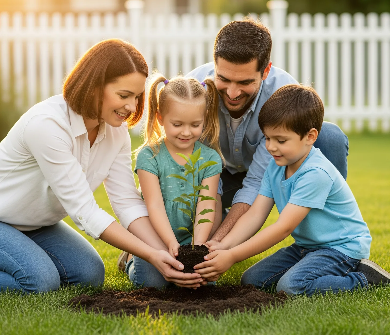 Uma família plantando uma árvore junta ao entardecer