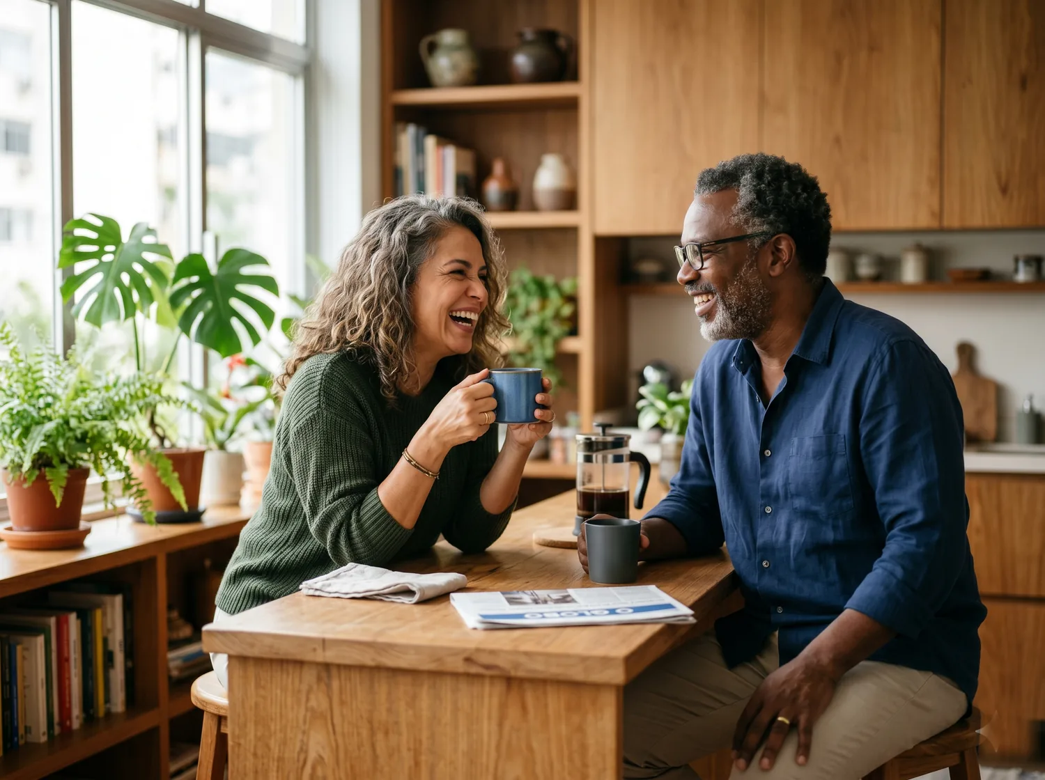 A couple in their sixties laughing together over coffee at home